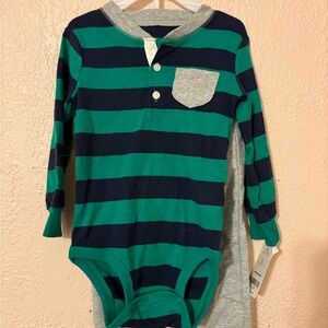 Striped Green & Navy Long Sleeve Baby Bodysuit and Gray Pants Set